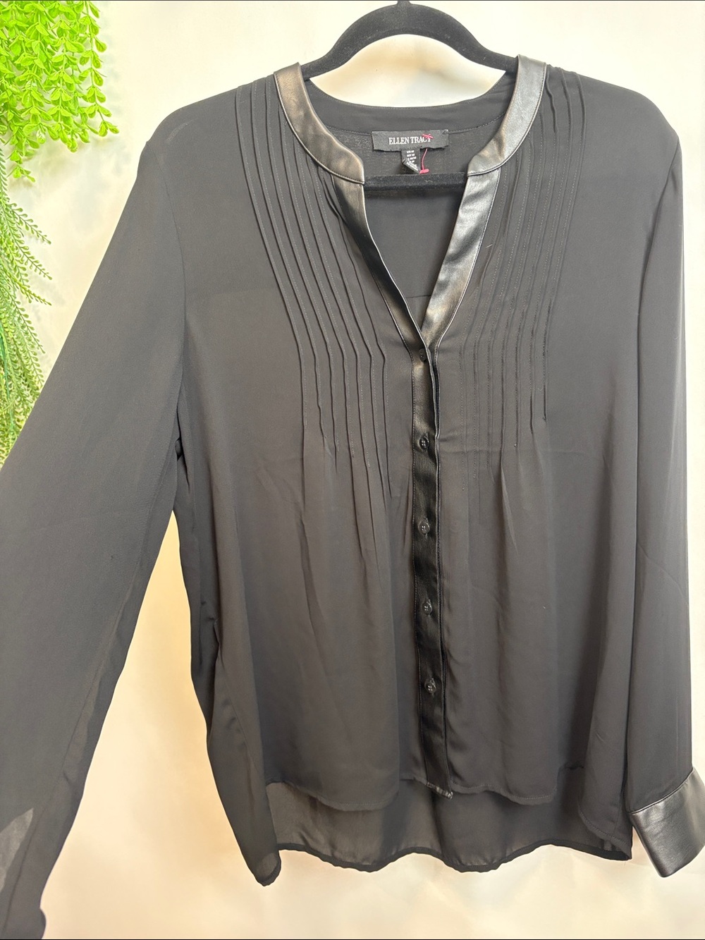 Ellen Tracy Black Silk-Blend Pintuck Button Front Blouse with Faux Leather Trim